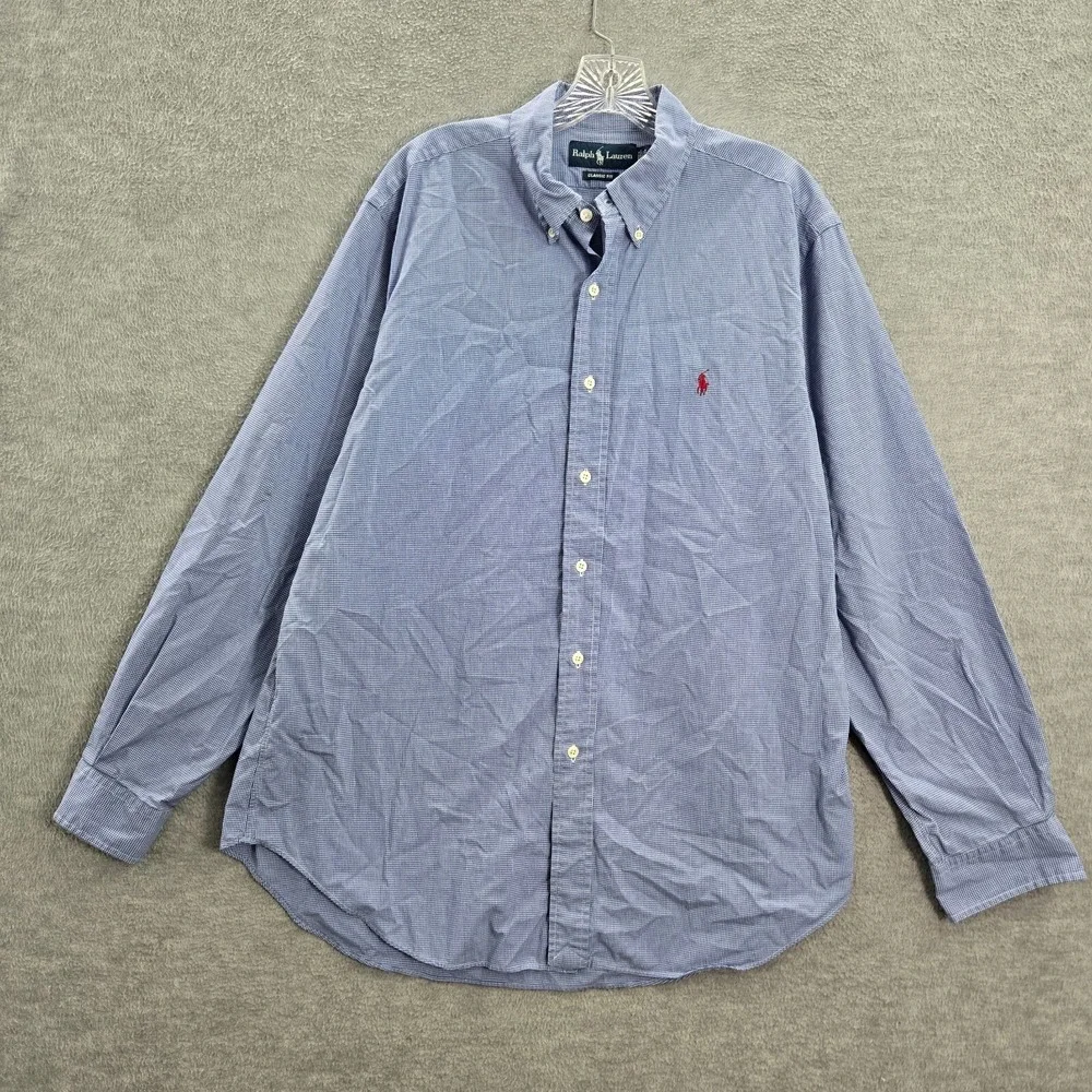 VINTAGE Ralph Lauren Men Button Up Shirt Gingham Plaid Logo Collar Classic READ
